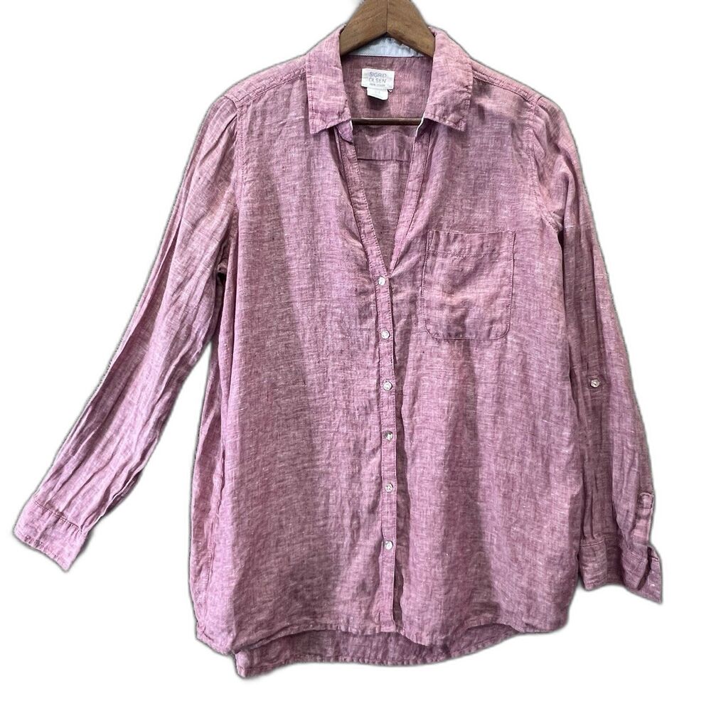 Sigrid Olsen Linen Shirt Tunic Top Pink Roll Tab Sleeve Womens Size Med